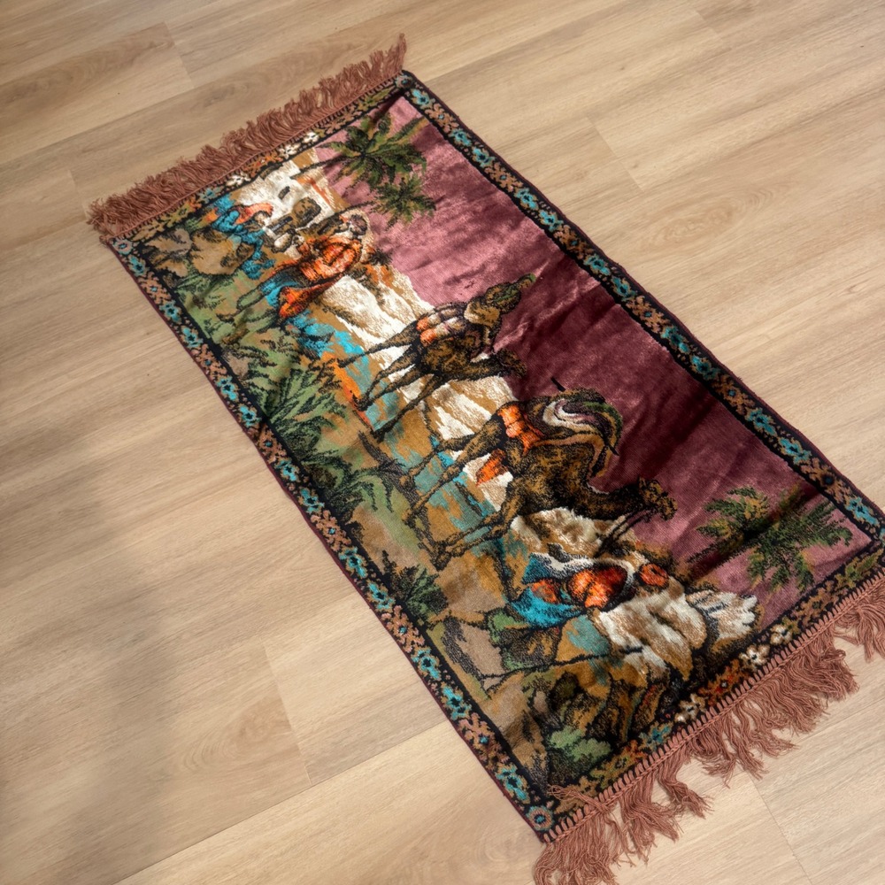 Vintage Velvet Camel Tapestry Wall Hanging Desert Scene Fringe Rug 44x20 Red